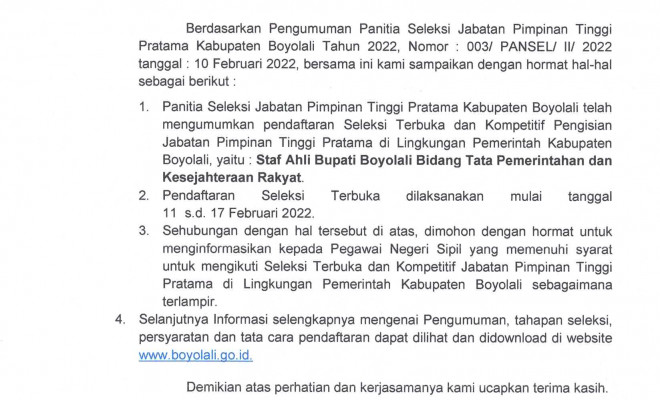 PENGUMUMAN SELEKSI TERBUKA JPT PRATAMA TAHUN 2022